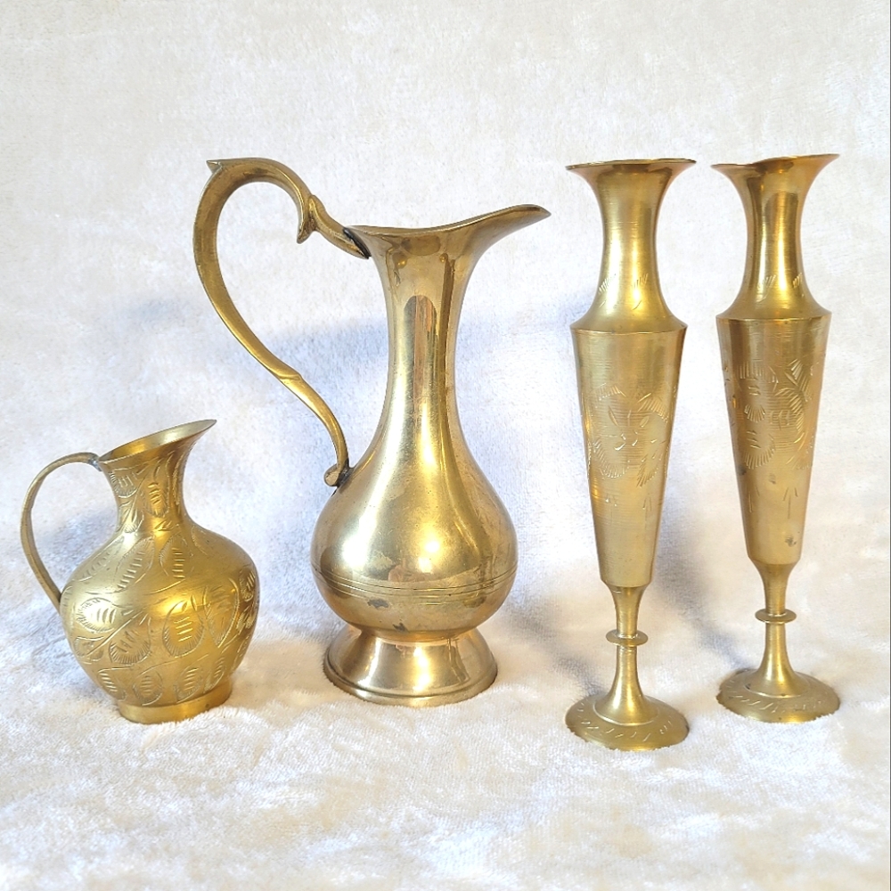 Indian brass lot of bud vases mid century modern ethnic decor